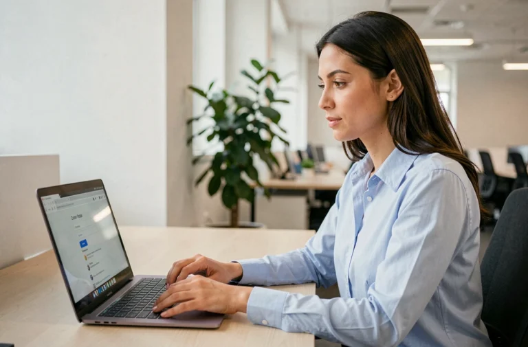 Femme professionnelle accédant à son espace intérim en ligne sur un ordinateur portable dans un bureau moderne