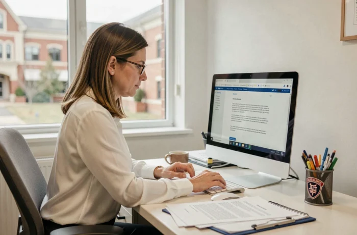 Assistante administrative de l'académie de Nantes lisant un email sur son ordinateur de bureau dans un bureau universitaire