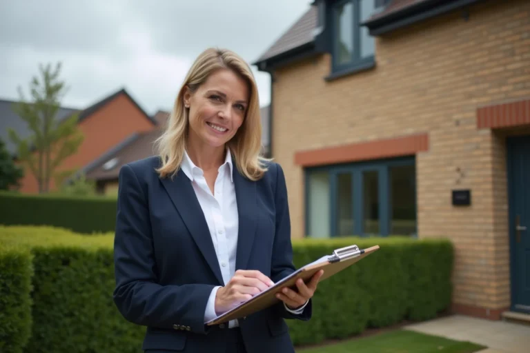 Agent immobilier femme tenant un dossier d'estimation devant une maison pavillonnaire moderne