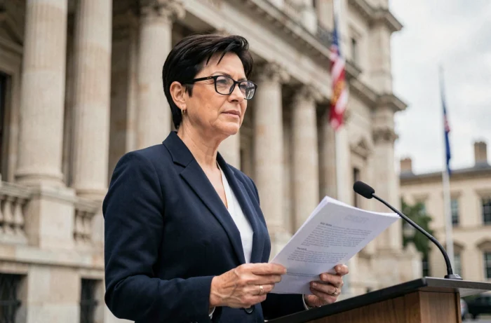 Femme politique prenant la parole devant un bâtiment gouvernemental lors d'une allocution citoyenne