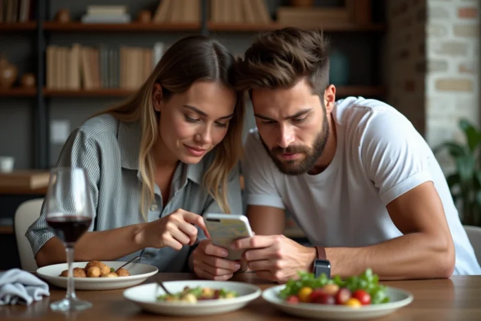 Deux amis consultant une application de localisation sur smartphone pour trouver un restaurant étoilé Michelin