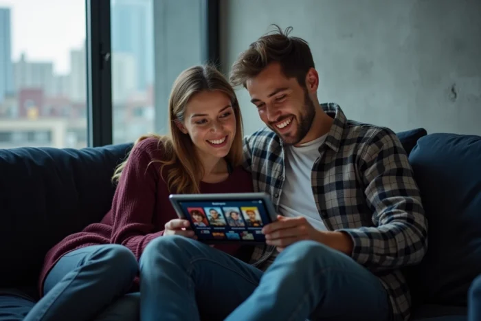 Deux amis regardant ensemble une plateforme de streaming gratuit sur une tablette dans un appartement moderne