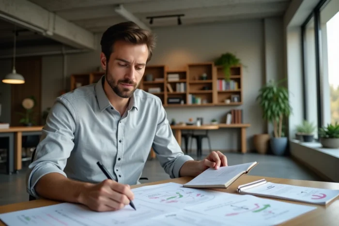 Professionnel analysant des documents de stratégie d'entreprise basés sur le modèle des 5P de Mintzberg à son bureau