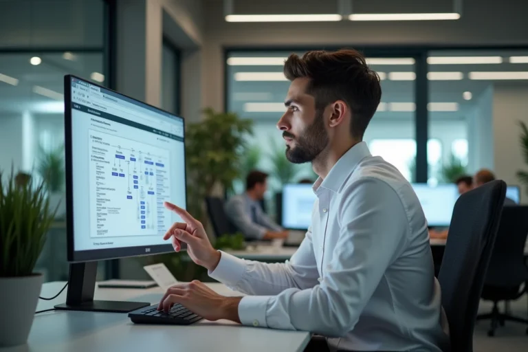 Professionnel B2B analysant un sitemap structuré sur un grand écran dans un bureau moderne