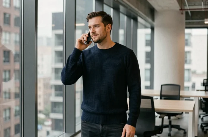 Homme utilisant son téléphone pour contacter l'équipe de Série Live dans un espace de co-working