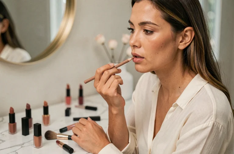 Femme appliquant un crayon à lèvres nude avec précision devant un miroir de coiffeuse en marbre blanc
