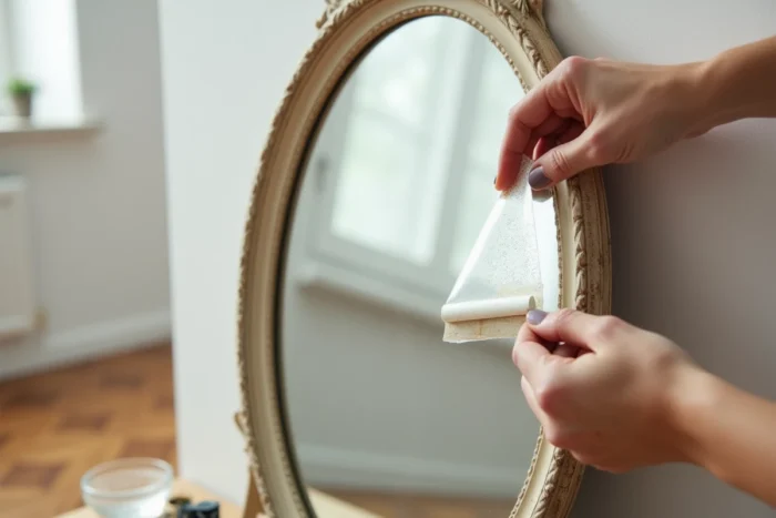 Gros plan de mains appliquant un film miroir adhésif sur un miroir piqué à restaurer