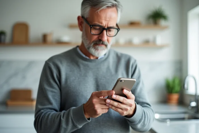 Homme utilisant une application bancaire sur smartphone pour gérer le remboursement anticipé de son crédit Flex LCL depuis chez lui