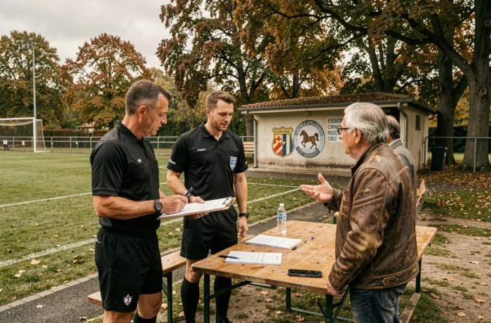 Arbitre et dirigeants du district de football de l'Essonne vérifiant les feuilles de match au bord du terrain
