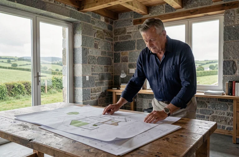Architecte breton examinant des plans de construction écologique dans un bureau en pierre de granite avec vue sur la campagne bretonne