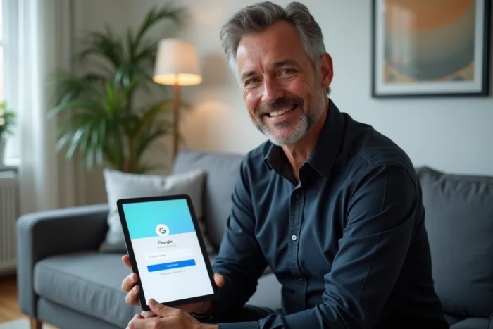 Homme associant un compte Google à son appareil tablette Android dans un salon moderne