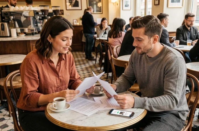Deux associés examinant des documents administratifs d'entreprise autour d'un café à Paris
