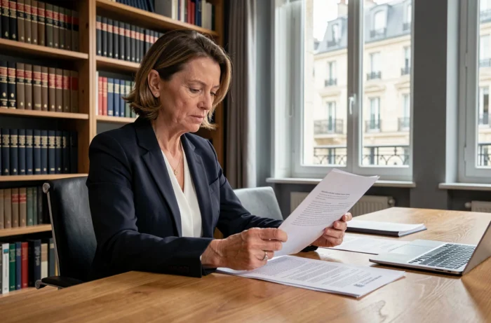 Avocate française analysant des documents juridiques sur la réglementation de l'intelligence artificielle dans un bureau parisien moderne