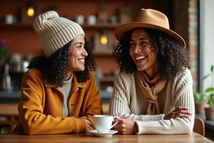 Deux femmes aux cheveux bouclés portant respectivement un bonnet slouchy et un chapeau fedora dans un café cosy