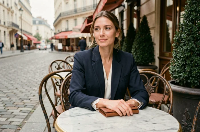 Femme en blazer marine avec poignet en dentelle assise en terrasse de café parisien, style élégant et chic