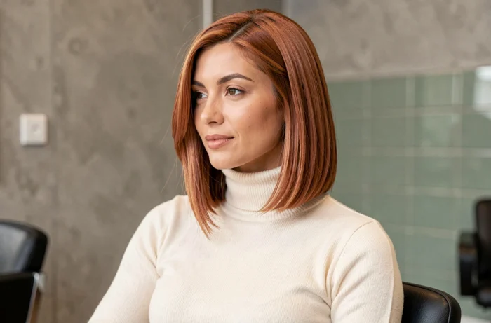 Femme aux cheveux courts en carré plongeant cuivré dans un salon de coiffure moderne à Paris, tendance coiffure 2026