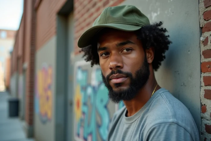 Homme aux cheveux bouclés portant une casquette cinq panneaux vert olive ajustable dans un cadre urbain