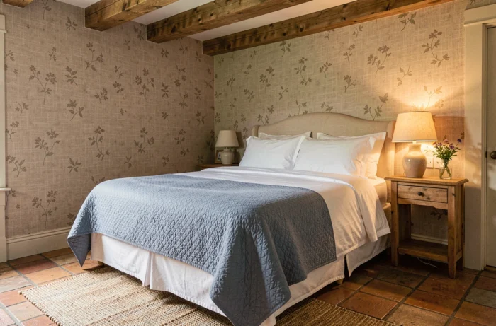 Chambre d'hôtes normande avec poutres apparentes, literie blanche et carrelage en terre cuite dans un décor rustique et chaleureux