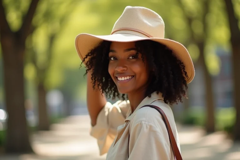 Femme aux cheveux bouclés naturels portant un chapeau en lin beige à large bord dans un parc urbain