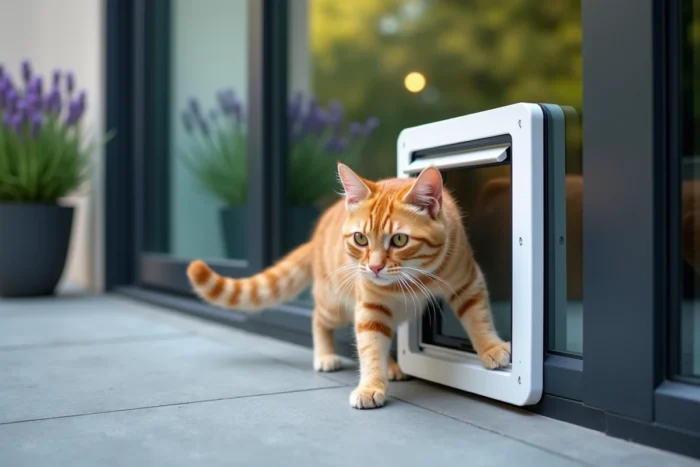 Chatière amovible transparente fixée sur une porte-fenêtre en verre avec un chat roux passant à travers depuis l'extérieur