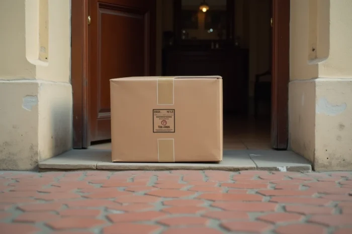 Colis de commande beauté livré devant une porte d'appartement parisien avec étiquette d'expédition