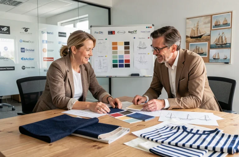 Réunion de collaboration entre un acheteur retail et un designer textile autour de collections Armor Lux et Intermarché pour 2026