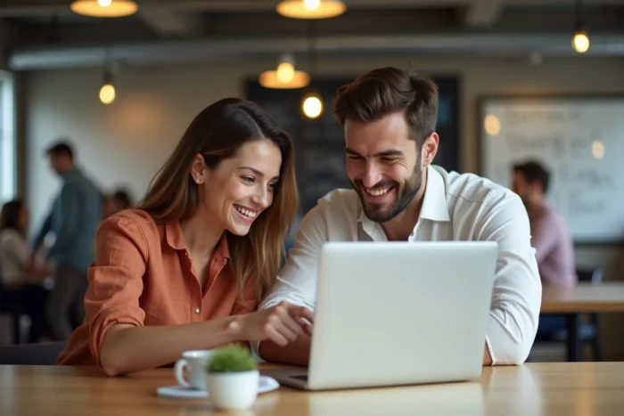 Deux jeunes professionnels collaborant sur la rédaction d'un email dans un espace de coworking, discutant des meilleures formules de politesse pour conclure un message
