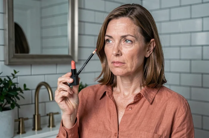 Femme d'âge mûr comparant un crayon à lèvres corail et un rouge à lèvres dans une salle de bain moderne