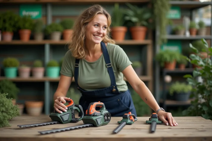 Femme comparant plusieurs modèles de taille-haies dans un magasin de jardinage