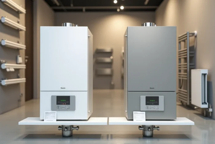 Comparaison de deux modèles de chaudières gaz à condensation dans un showroom de chauffage