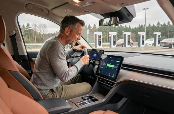 Conducteur consultant l'écran de recharge de son SUV électrique dans une station autoroutière