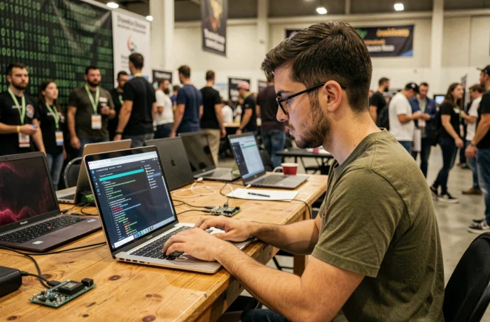 Participant à une conférence de hacking éthique utilisant Kali Linux sur un ordinateur portable