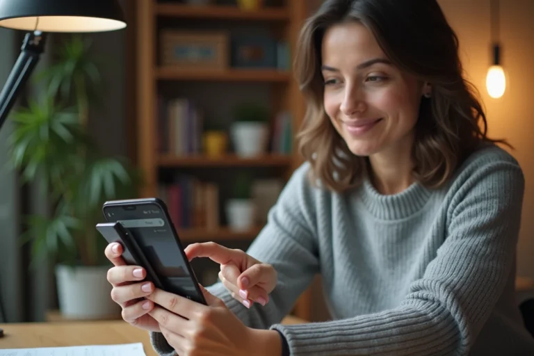 Femme configurant un compte Google Play Store sur son smartphone Android depuis son bureau à domicile