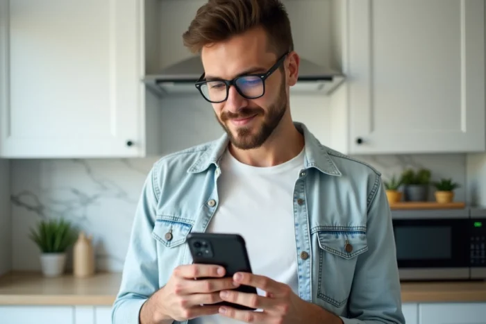 Jeune homme configurant Google Play Store sur un nouveau smartphone Android dans une cuisine moderne