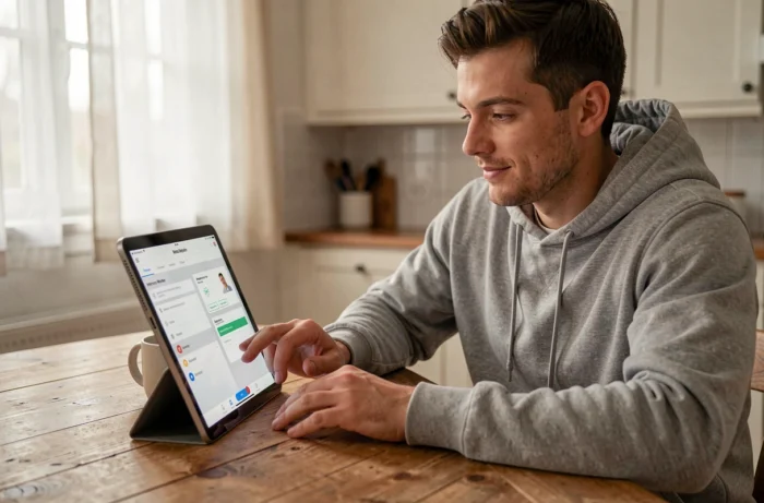 Homme consultant son espace intérimaire BAPS sur une tablette depuis chez lui