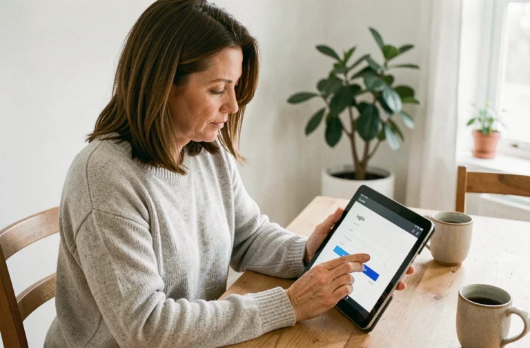 Femme utilisant une tablette pour se connecter à Quintonic depuis son domicile, affichant un écran de connexion