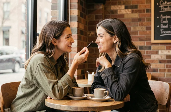 Deux femmes échangeant des conseils beauté autour d'un café en ville, tendances maquillage urbain entre amies