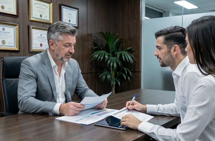 Homme en costume gris consultant un conseiller financier autour de rapports et graphiques de tendances dans un bureau bancaire haut de gamme