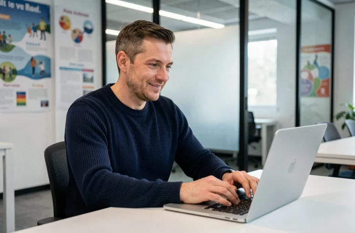 Homme contactant le Réseau Éducation Suisse par email sur un ordinateur portable