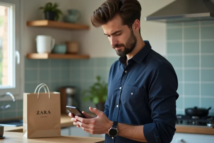 Homme contactant le service client Zara par téléphone pour un colis non livré