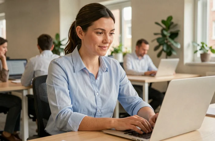 Femme au bureau contactant le support de Série Live par email sur son ordinateur portable