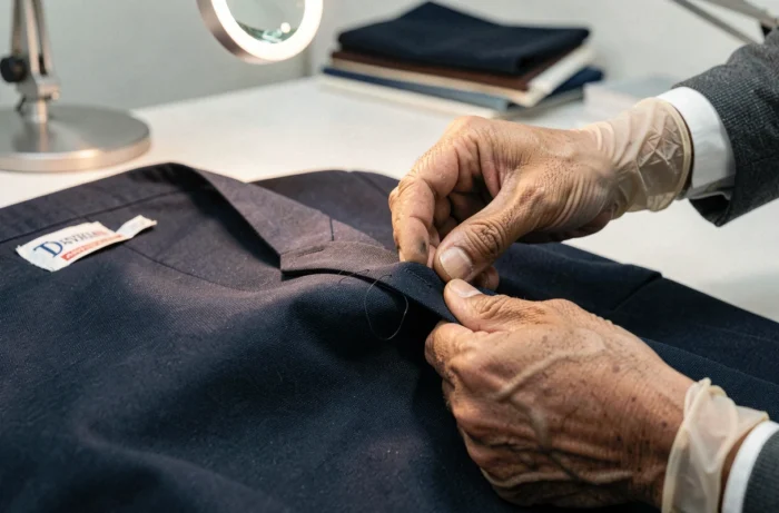 Contrôle qualité d'un vêtement Zara dans une usine, inspection des coutures d'un blazer avant expédition