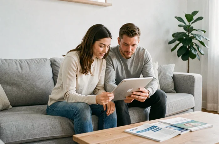 Couple consultant des informations sur la FIV ensemble sur une tablette dans leur salon