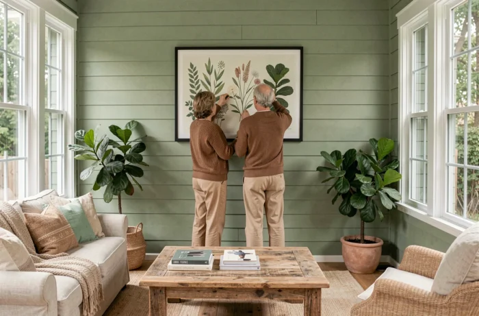 Couple accrochant une grande affiche botanique dans un salon lumineux décoré de plantes vertes et de meubles en bois recyclé