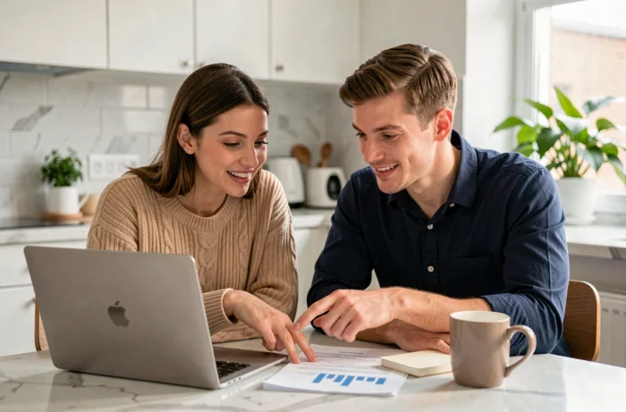 Jeune couple en tenue décontractée planifiant leurs finances personnelles sur un ordinateur portable dans une cuisine moderne de style scandinave