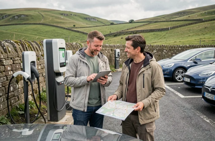 Couple planifiant leur trajet en voiture électrique à une borne de recharge en zone rurale