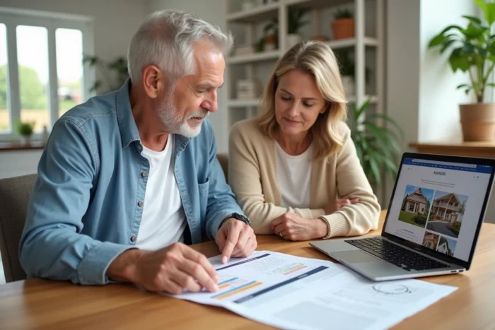 Couple étudiant un rapport d'estimation immobilière payante à domicile sur une table