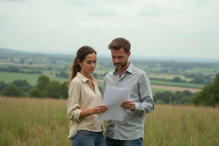 Couple consultant un document cadastral sur un terrain non constructible en milieu rural