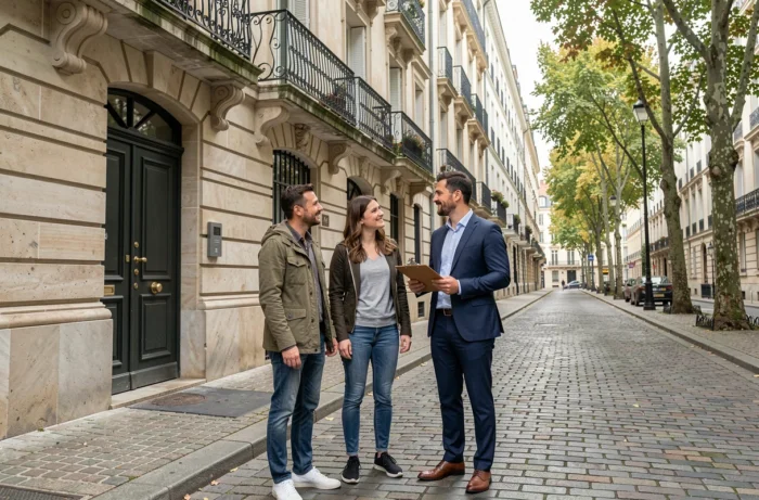 Couple visitant un appartement avec un agent immobilier dans une rue européenne