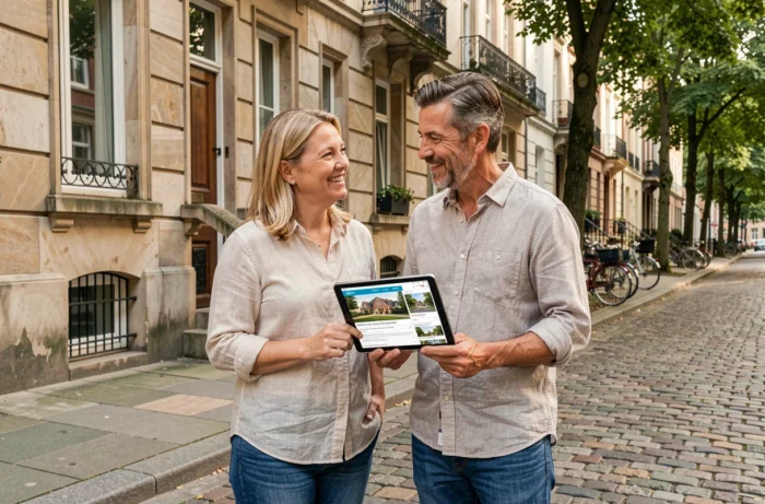 Couple consultant une annonce immobilière sur tablette devant un immeuble en pierre dans une rue urbaine